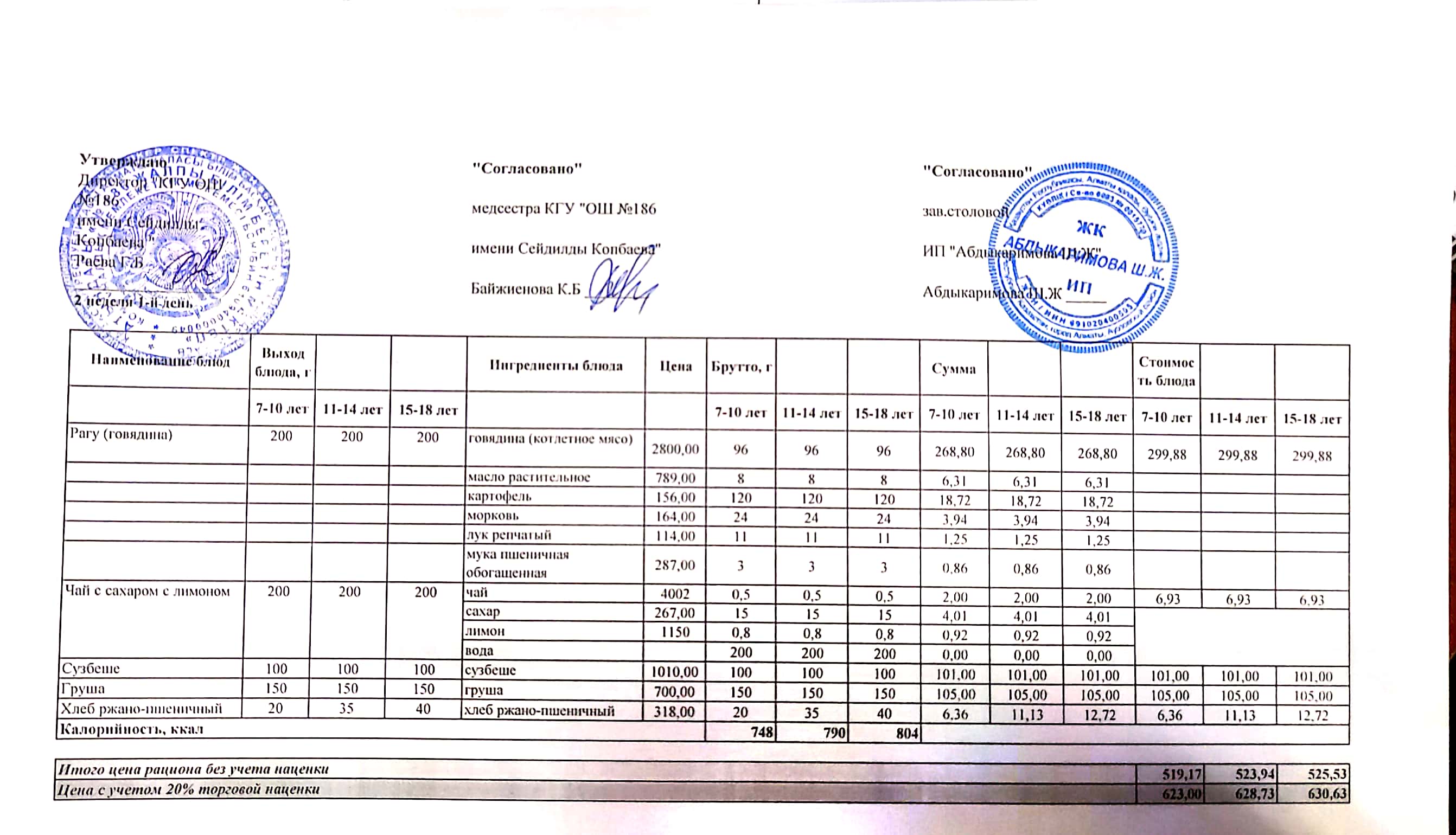 Тамақтану ас мәзірі / Меню блюд 04.10.2021