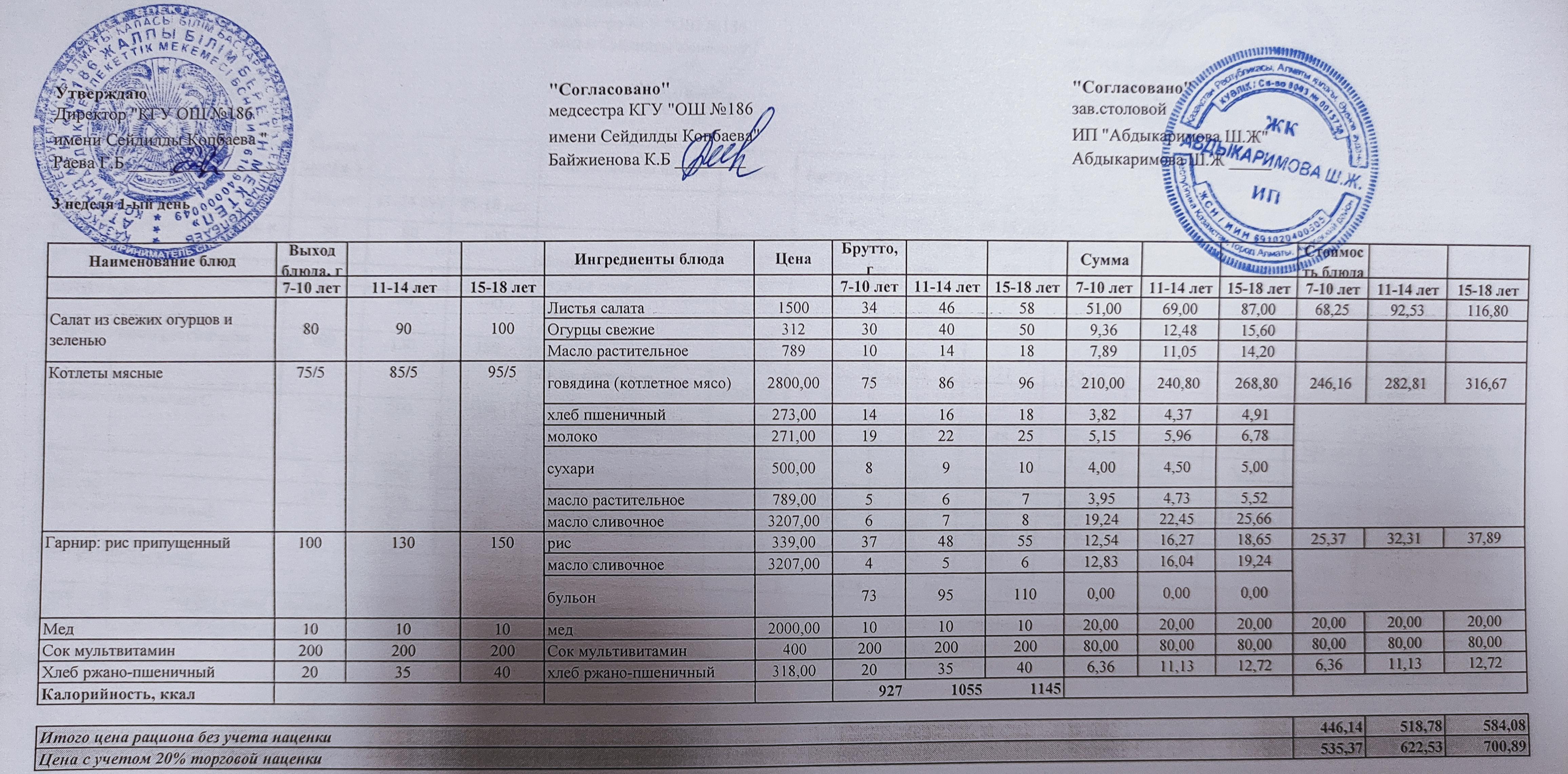 Тамақтану ас мәзірі / Меню блюд 13.09.2021