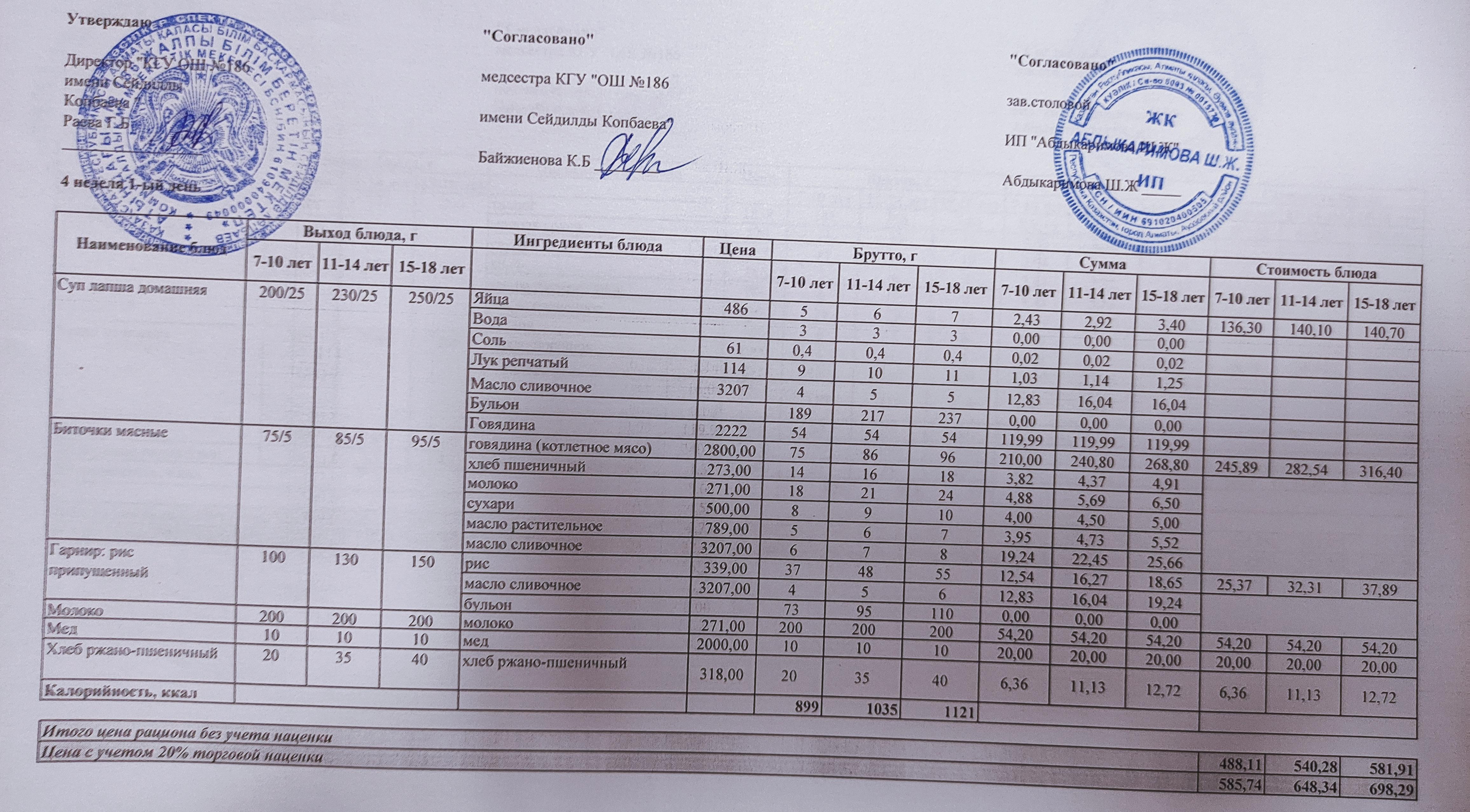 Тамақтану ас мәзірі / Меню блюд 20.09.2021