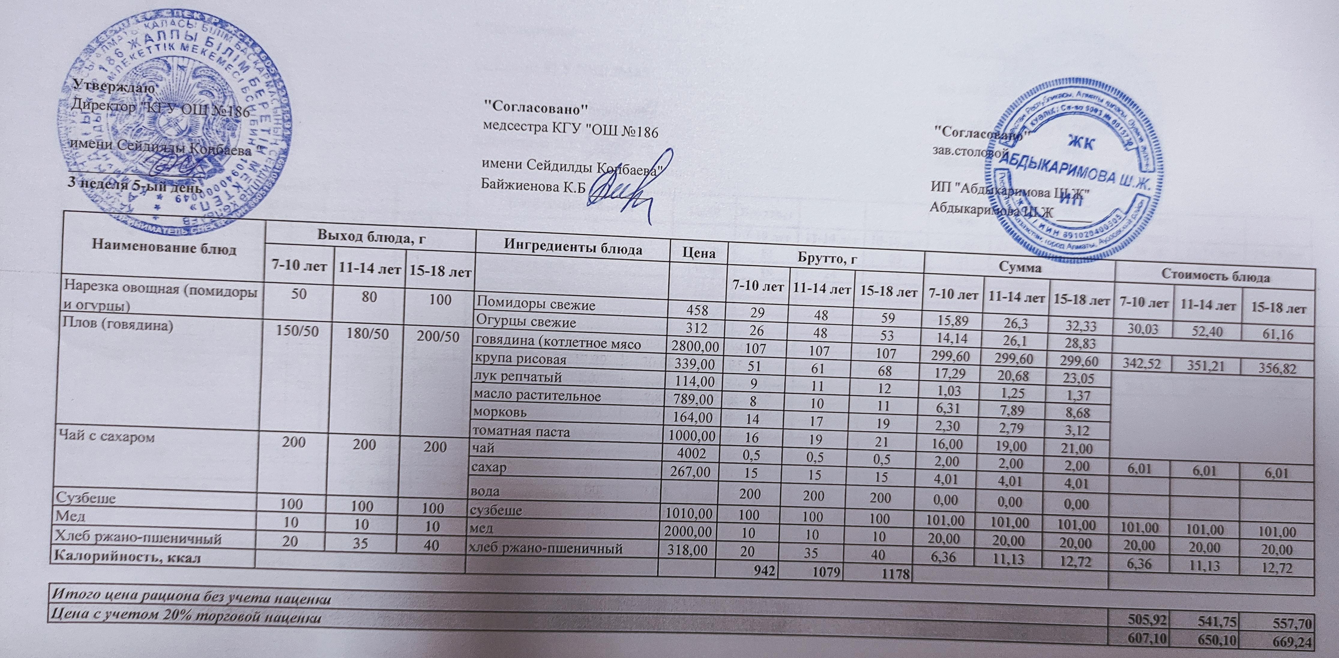 Тамақтану ас мәзірі / Меню блюд 17.09.2021
