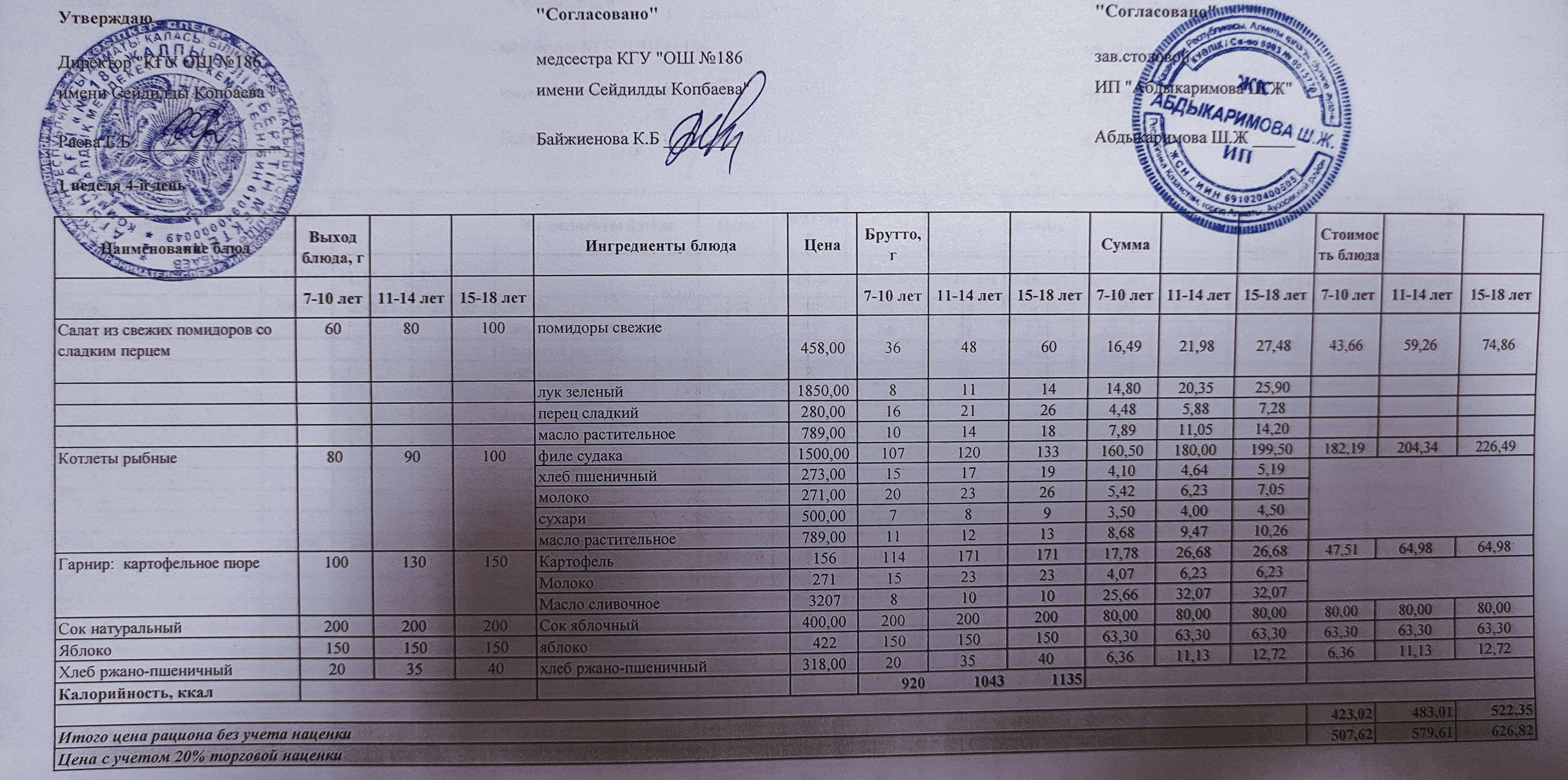 Тамақтану ас мәзірі / Меню блюд 30.09.2021