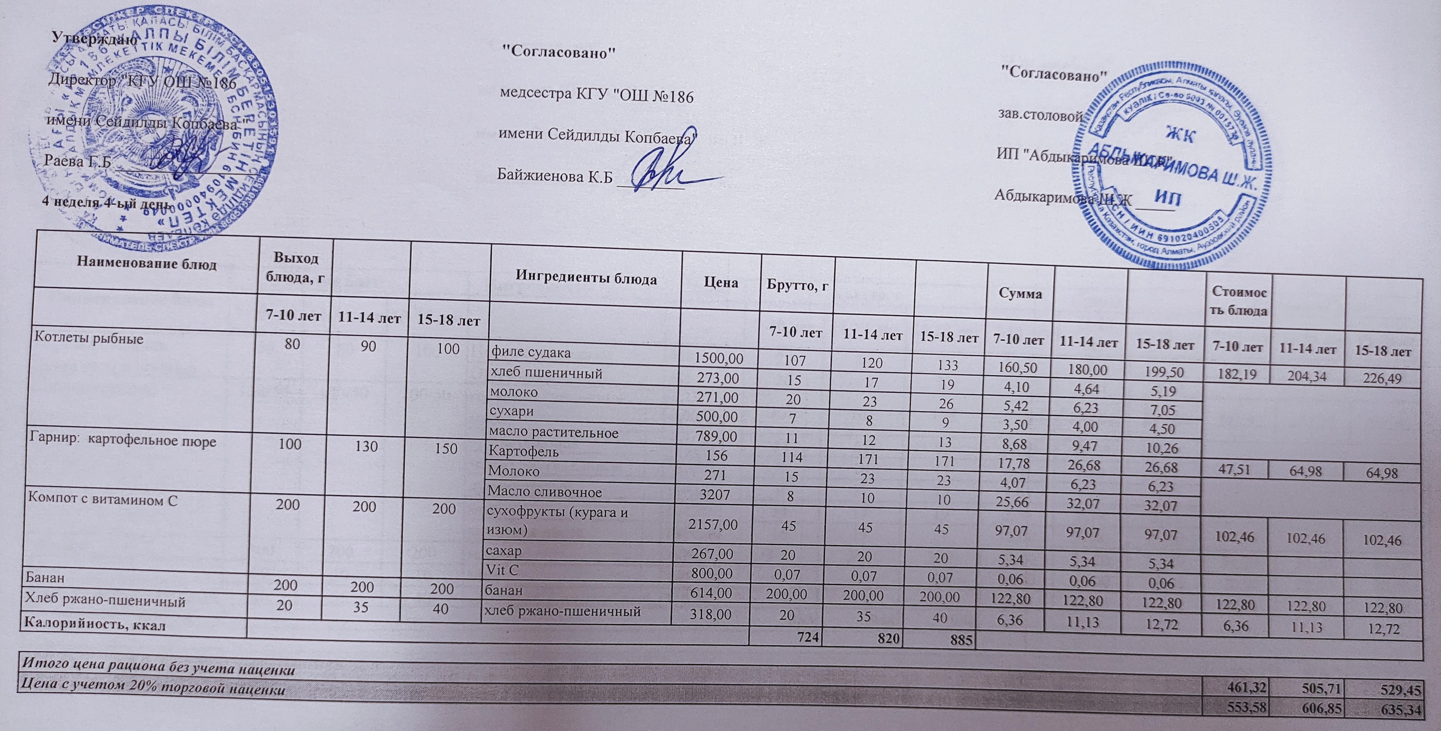 Тамақтану ас мәзірі / Меню блюд 21.10.2021