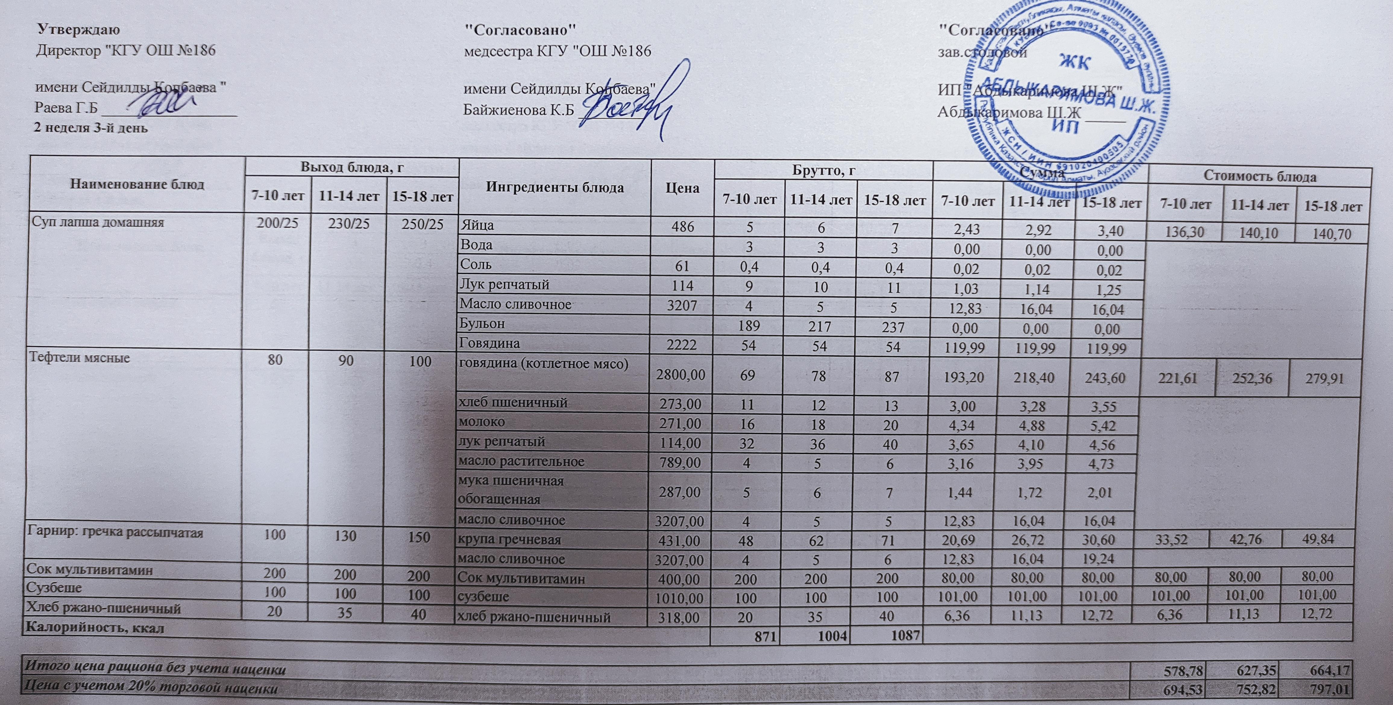 Тамақтану ас мәзірі / Меню блюд 10.11.2021
