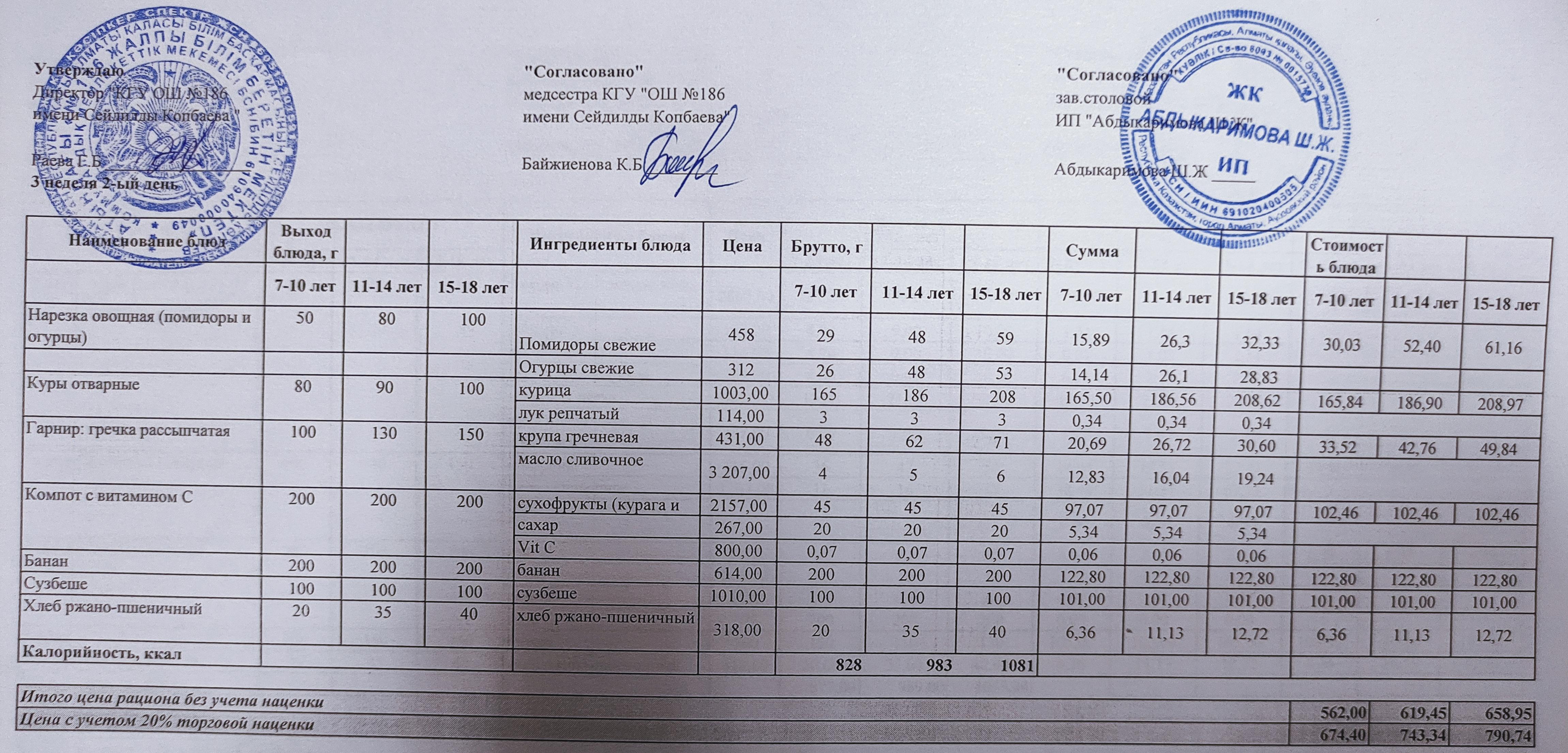 Тамақтану ас мәзірі / Меню блюд 16.11.2021