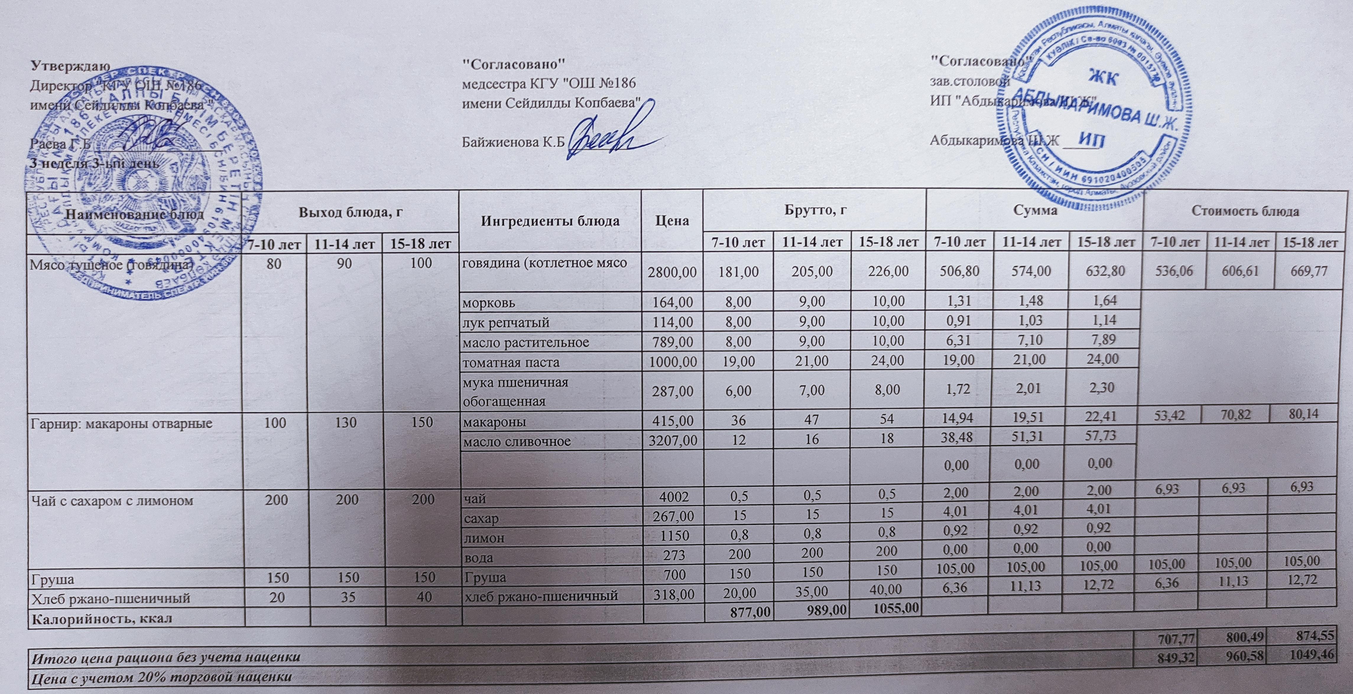 Тамақтану ас мәзірі / Меню блюд 17.11.2021