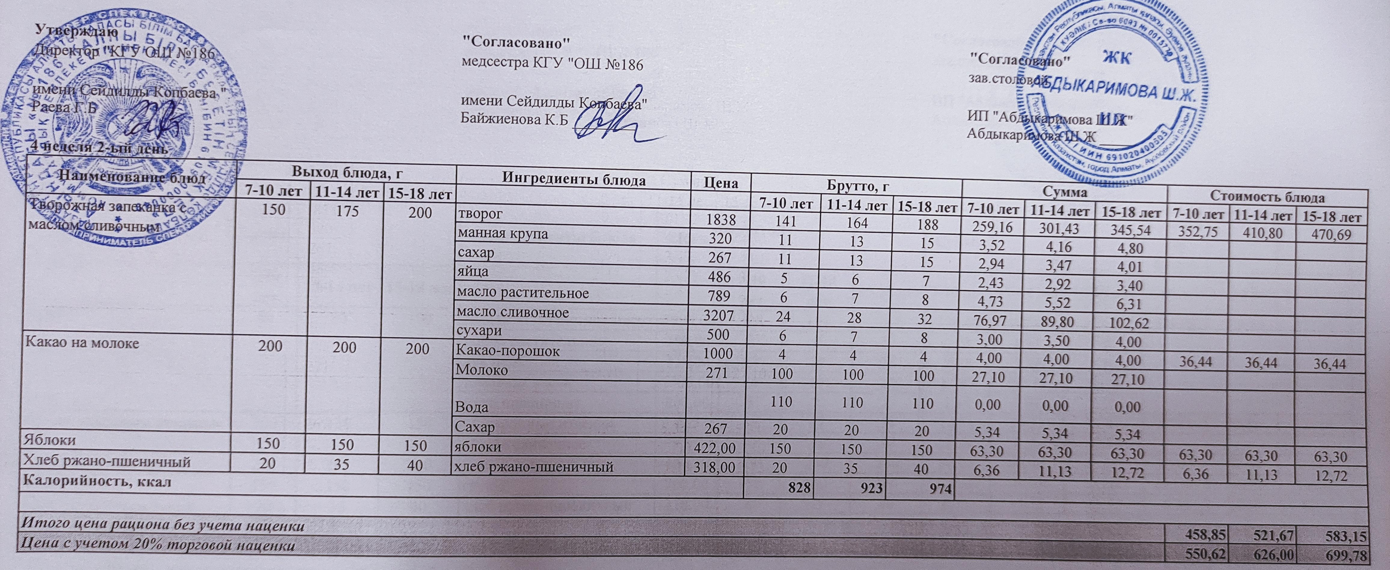 Тамақтану ас мәзірі / Меню блюд 23.11.2021