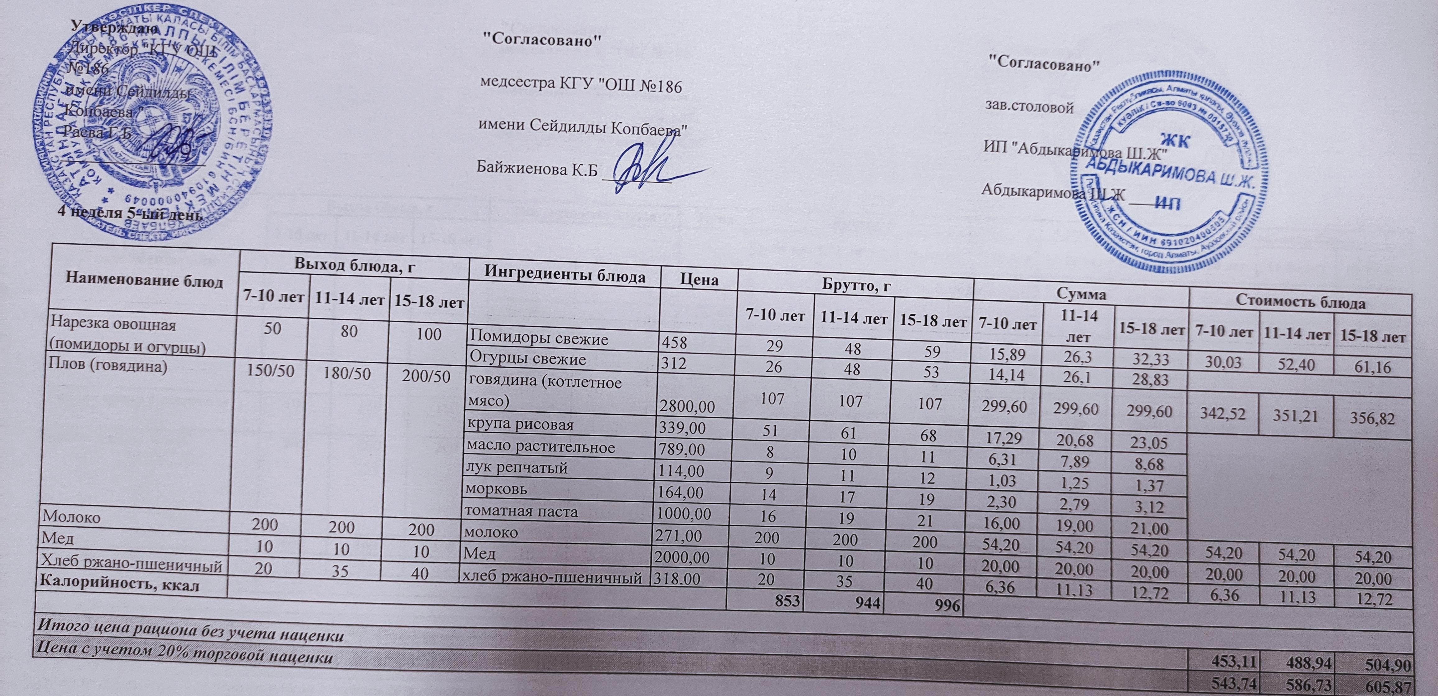 Тамақтану ас мәзірі / Меню блюд 24.12.2021