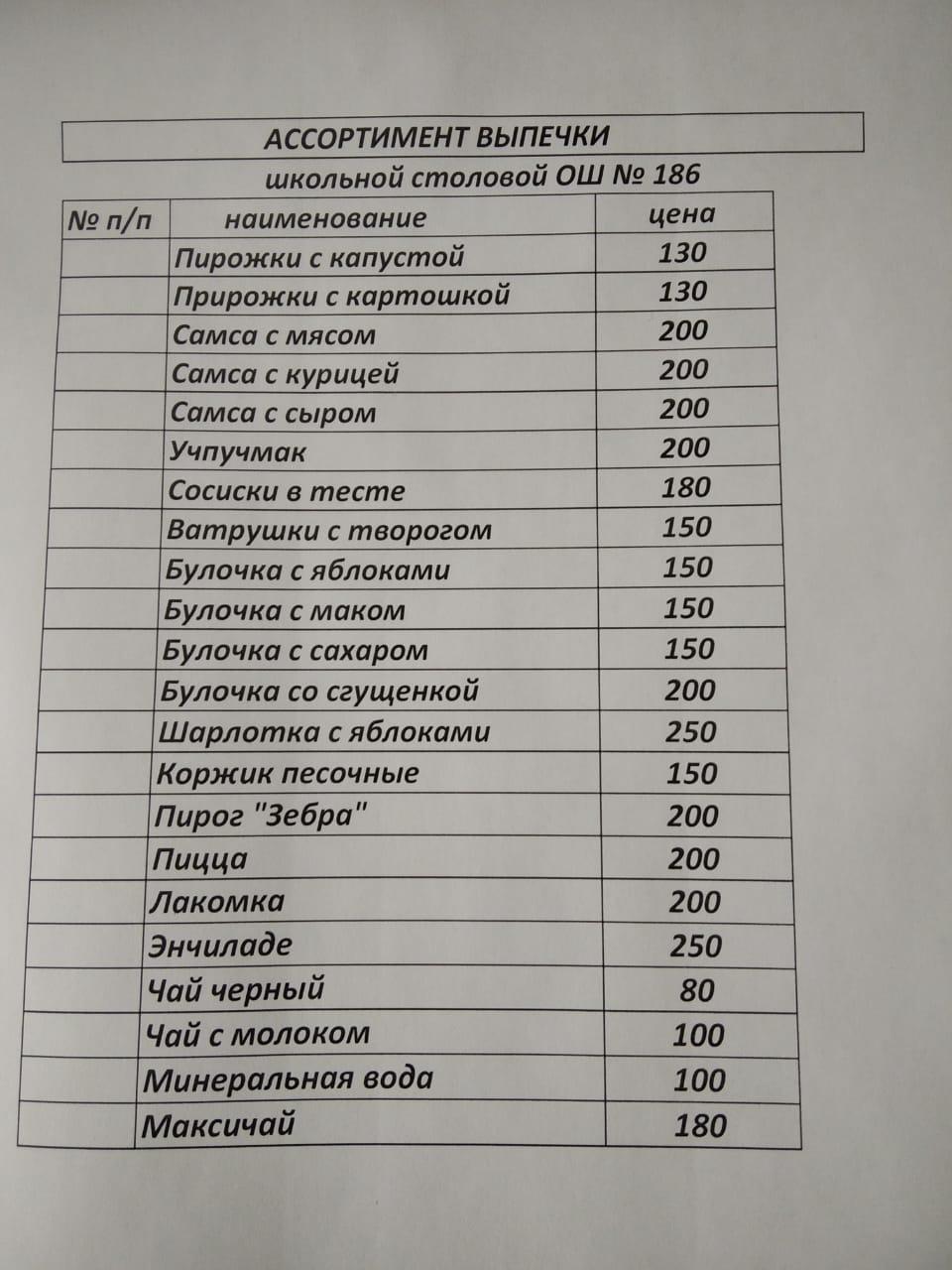 Меню платного буфетного питания